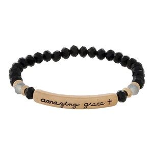 Amazing Grace Black Beaded Stretch Bracelet with Gold Accent